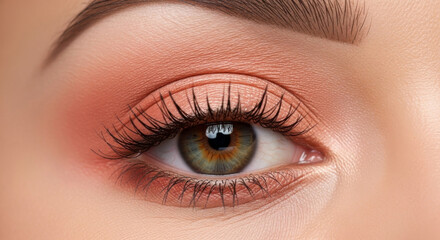 Obraz premium A high-detail, professional close-up photograph of a female eye with perfectly blended peach eyeshadow,