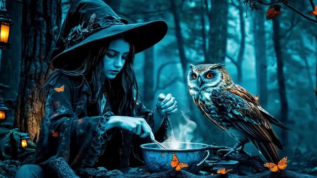 Halloween. Beautiful young very attractive witch brews a magic potion in a fairy forest.