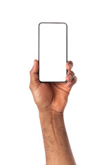 Afro male hand holding smartphone with blank screen isolated on white background, copy space