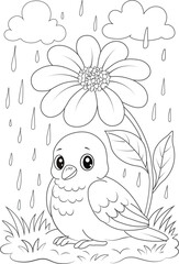 Cartoon baby pigeon sheltering under a large flower vector illustration for kids' books