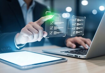 A businessman interacts with a digital checklist while using a laptop, highlighting productivity in a modern office environment.