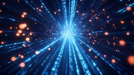 Naklejka premium Abstract blue light streaks converging with orange particles on a dark background design effect