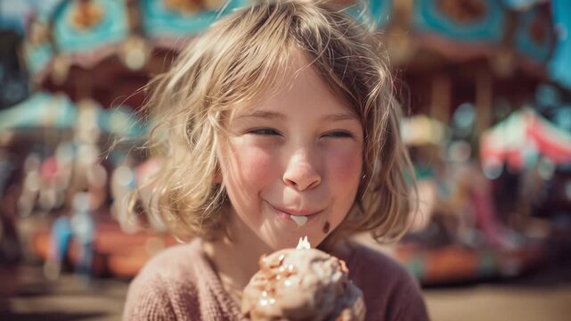A little girl with wide blue eyes is eating an ice cream cone at a vibrant fairground on a sunny day