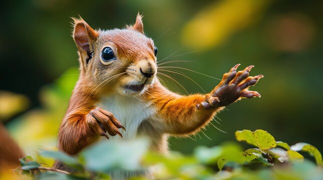 A curious squirrel reaching out with its paw amidst green foliage in a natural setting outdoors