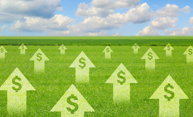 Arrows with dollar sign all over green field. Nature landscape with summer meadow and blue sky. Friendly ecosystem for business and investment. Farming, agriculture and agribusiness concept