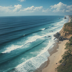 Aerial View of Sandy Beach, Ocean Waves, and Coastal Cliffs