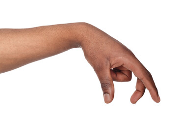 Taking. Black male hand grab some items on white isolated background, cutout, copy space