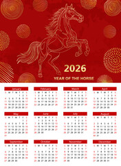 Calendar 2026. 12 months, starting from Sunday. Horizontal Red Calendar 2026 Chinese New Year of the Red Fire Horse Banner Template with Modern Line Art Golden Horse on Red Background