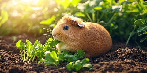A light brown guinea pig eating green leaves in a garden with bright sunlight shining down on the scene