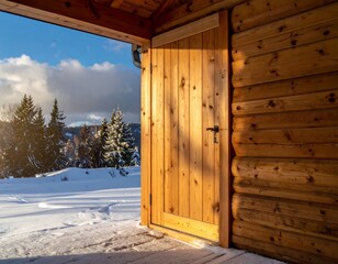 Wooden cabin door opening to snowy landscape