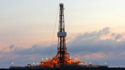 Oil drilling rig at dusk