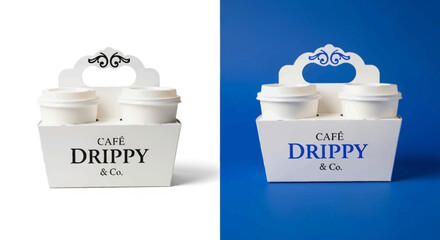 A Pair of Cardboard Coffee Cup Holders Each Carrying Two White Paper Cups with Lids Sitting on a White Surface and a Bright Blue Background