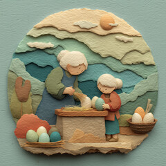 Grandmother teaching child to dye eggs in colorful spring landscape  