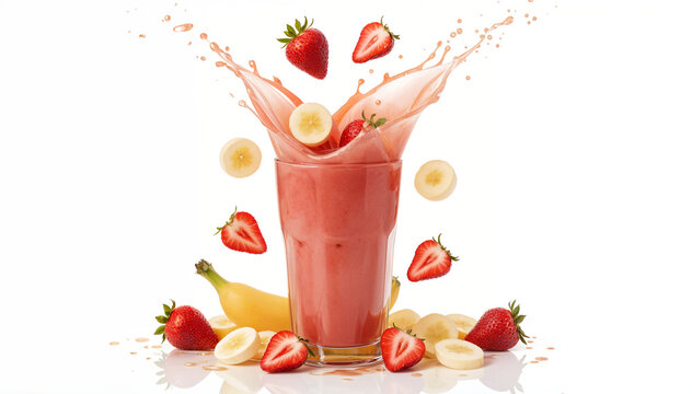 Strawberry Banana Smoothie with Fresh Fruit Splash on White Background