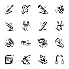 Dental Tools and Equipment Doodle Style Icons Pack