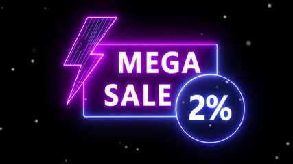 Neon glowing mega sale 2% discount banner with lightning bolt icon representing shopping promotion, ecommerce sale, cyber monday, black friday, holiday offer and online shopping festival design 4k - Powered by Adobe