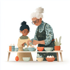 Grandmother teaching child to dye eggs for Easter celebration  