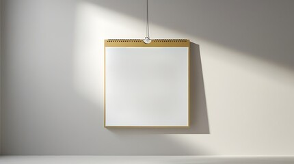 A photo of a highly detailed photorealistic product image of a blank calendar hanging on a plain white wall, isolated with balanced and soft studio illumination.