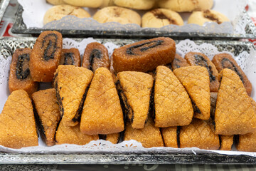 North African sweet desserts on weekly food market in Toulouse, France