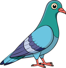 Cartoon pigeon standing proudly with teal and blue feathers