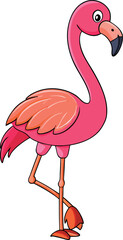 Cartoon pink flamingo standing on one leg with orange wings
