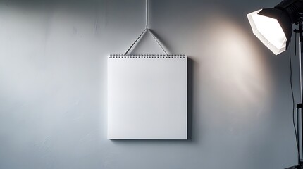 A photo of a minimalist office-style blank white calendar hanging on a light gray wall with a subtle texture, illuminated by a professional photography lighting setup with softbox lights.