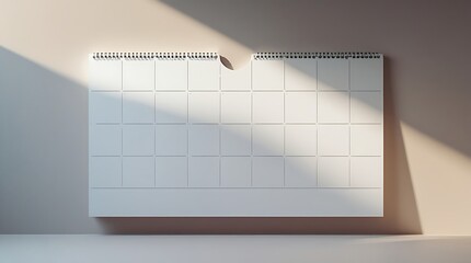 Photo of a sleek blank calendar with a smooth white surface and no text or numbers, wall-mounted on a neutral colored background, photographed with sharp clarity and precise focus.