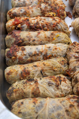 Dolma stuffed cabbage leaves, meat filled rolls, Middle east cuisine, tasty food