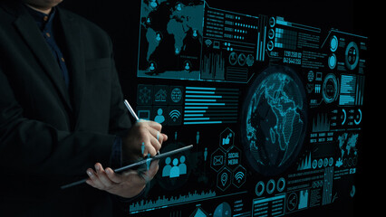 A professional analyzing global communication network data using modern technology in a futuristic interface, showcasing various analytics and visualizations on a screen. Cipher