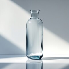 A photo of a sleek minimalist glass water bottle with a slender neck and rounded body, no visible label or branding, standing upright on a pristine glossy white surface.