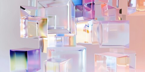 Transparent Cubes Squares Peach Violet Background 3D Render Geometric Abstract