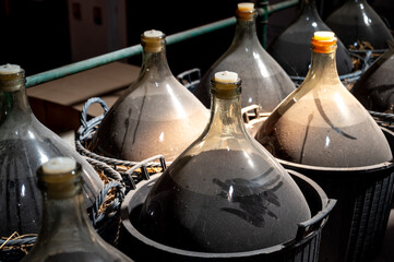 Dame Jeanne or demijohn glass jars for aging of natural sweet red grand cru wine Banyuls fortified...