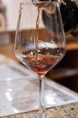Tasting of Collioure AOC and Banyuls AOC white, rose and red wines, natural sweet grand cru Banyuls fortified dessert wine from old vines from slopes of Catalan Pyrenees in Roussillon, France