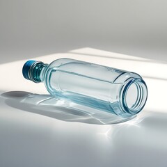 A photo of a transparent glass water bottle lying horizontally on a pristine white surface with the cap visible and slightly turned to reveal its threading, minimal subtle shadows.