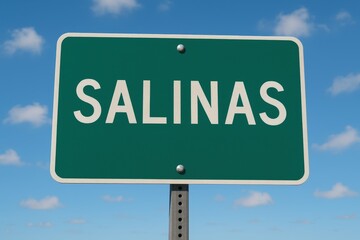 Green highway sign with bold white "Salinas" text, set beneath a bright blue sky scattered with fluffy clouds.
