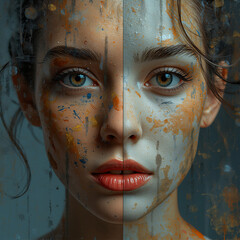 Bisected Portrait of Woman with Paint Splatter