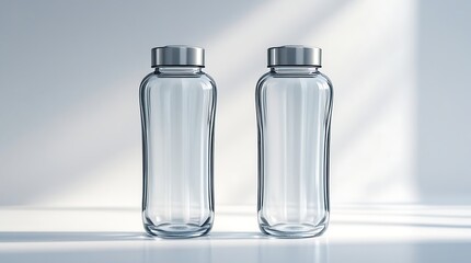 Professional photo of two identical transparent glass water bottles with sleek designs and silver lids, placed side by side on a pristine white background, evenly illuminated by soft studio lights.