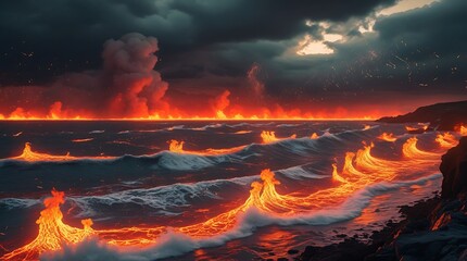 Photo of vast turbulent waves of fiery flames replacing ocean water, glowing deep red horizon with intense orange undertones, sparks and embers flying in stormy dark skies.