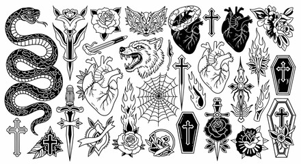 Naklejka premium A Collection of Dark Gothic Tattoo Designs Featuring Skulls Roses Skulls Hearts Crosses Coffins and Wild Animals with Intricate Detailing and Bold Lines Perfect for Body Art Enthusiasts