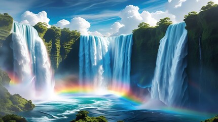 A photograph of a colossal waterfall appearing to defy gravity, with water cascading upward into the sky, sunlight refracting into vibrant rainbow-like colors.