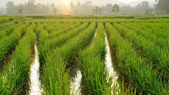 Lush green rice field rows stretched towards the horizon under bright sunlight agriculture
