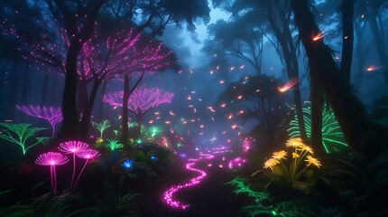 A professional photograph of a lush forest where every tree and plant radiates bioluminescent neon colors, with vibrant fireflies swirling in patterns reminiscent of galaxies.