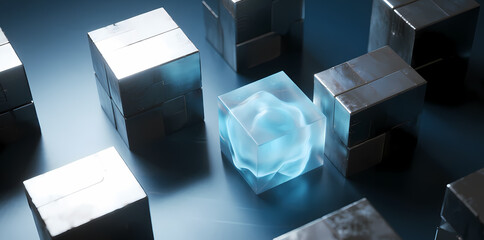 Translucent glowing cube among metallic cubes on reflective surface