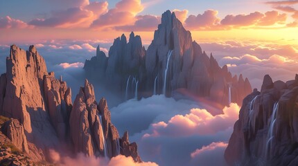 An enormous rugged rocky peaks suspended high above a sea of fluffy white clouds, several waterfalls cascading down from the peaks and mysteriously disappearing into the air.