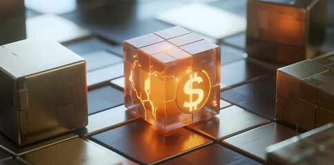 Transparent cube with glowing dollar sign and circuit patterns on a grid of metallic blocks