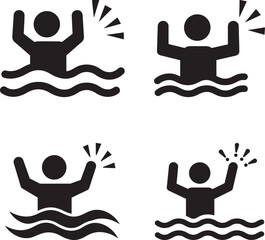 Four drowning person icons in silhouette style isolated on white background