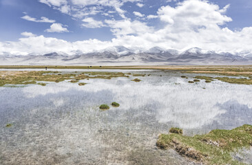 Grassy pastures for cattle in the highlands of the Tien Shan in the Pamirs in Tajikistan, against the backdrop of mountain peaks with snow and glaciers, lakes, and dry grass for grazing animals