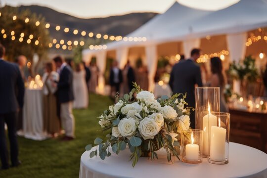 Beautifully decorated outdoor wedding reception at sunset, featuring floral arrangements, glowing candles, and guests mingling under string lights and tents. - Powered by Adobe