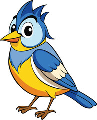 Cute cartoon blue and yellow bird with spiky head feathers