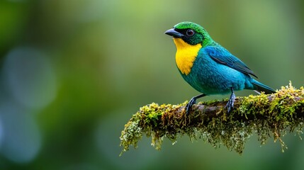 A colorful bird with yellow and blue plumage perched on a mossy branch in a green background